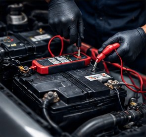 Technician testing a car battery