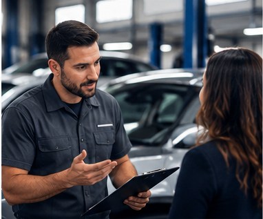 Automotive technician discussing service with a customer