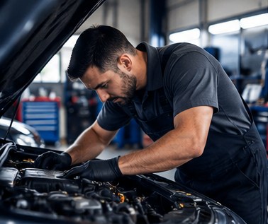 Technician working under the hood at an independent auto repair shop
